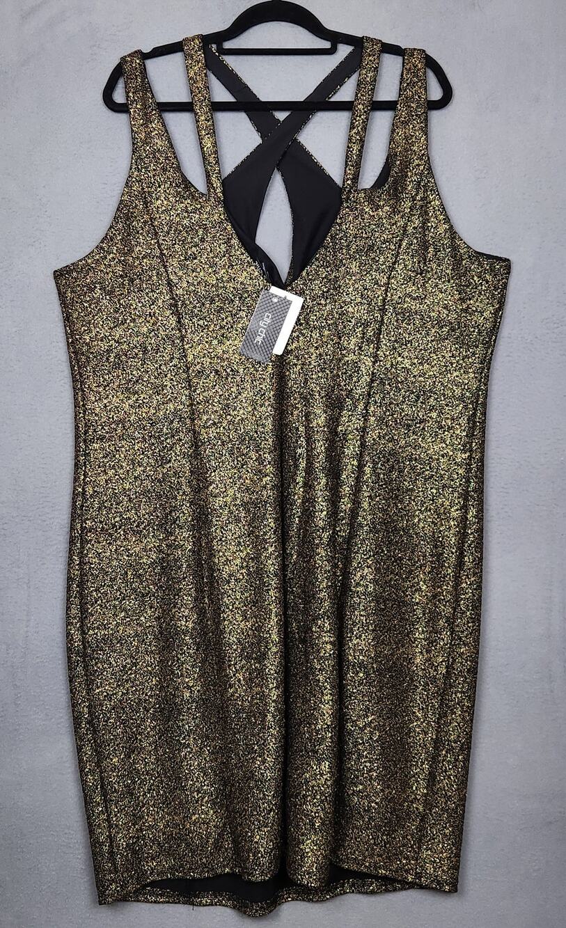 CITY CHIC Dress Womens 22W Gold Shimmery V-Neck Strappy Cocktail Going Out